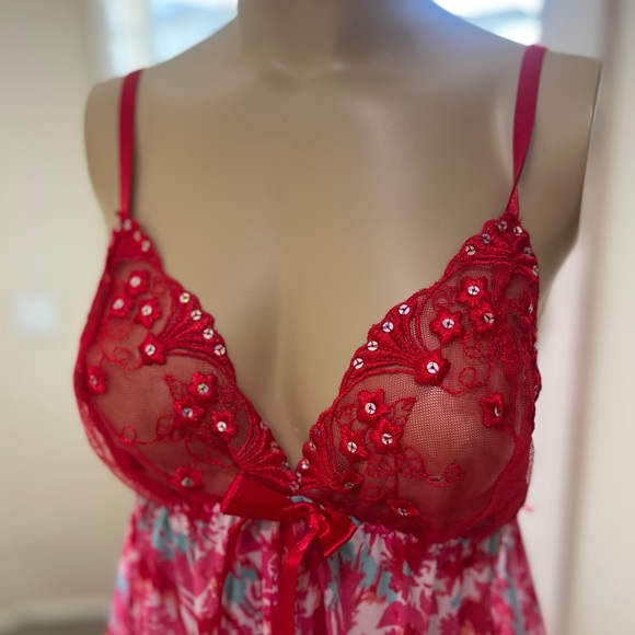 Red Floral Babydoll Sheer Adjustable Strap Slip Nineteen Sexy Sleep Dress Medium - Picture 4 of 11